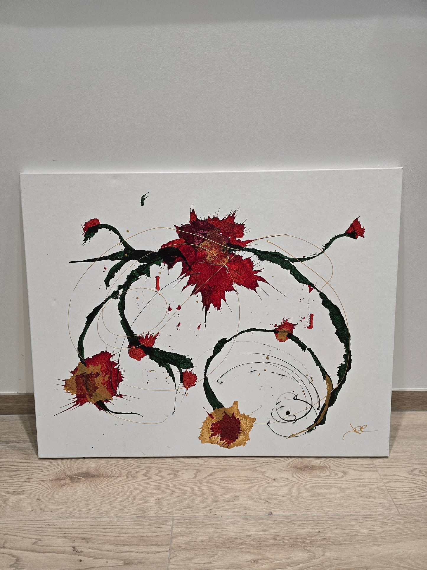 Tableau abstrait contemporain – Composition florale abstraite rouge, verte et or 92x73