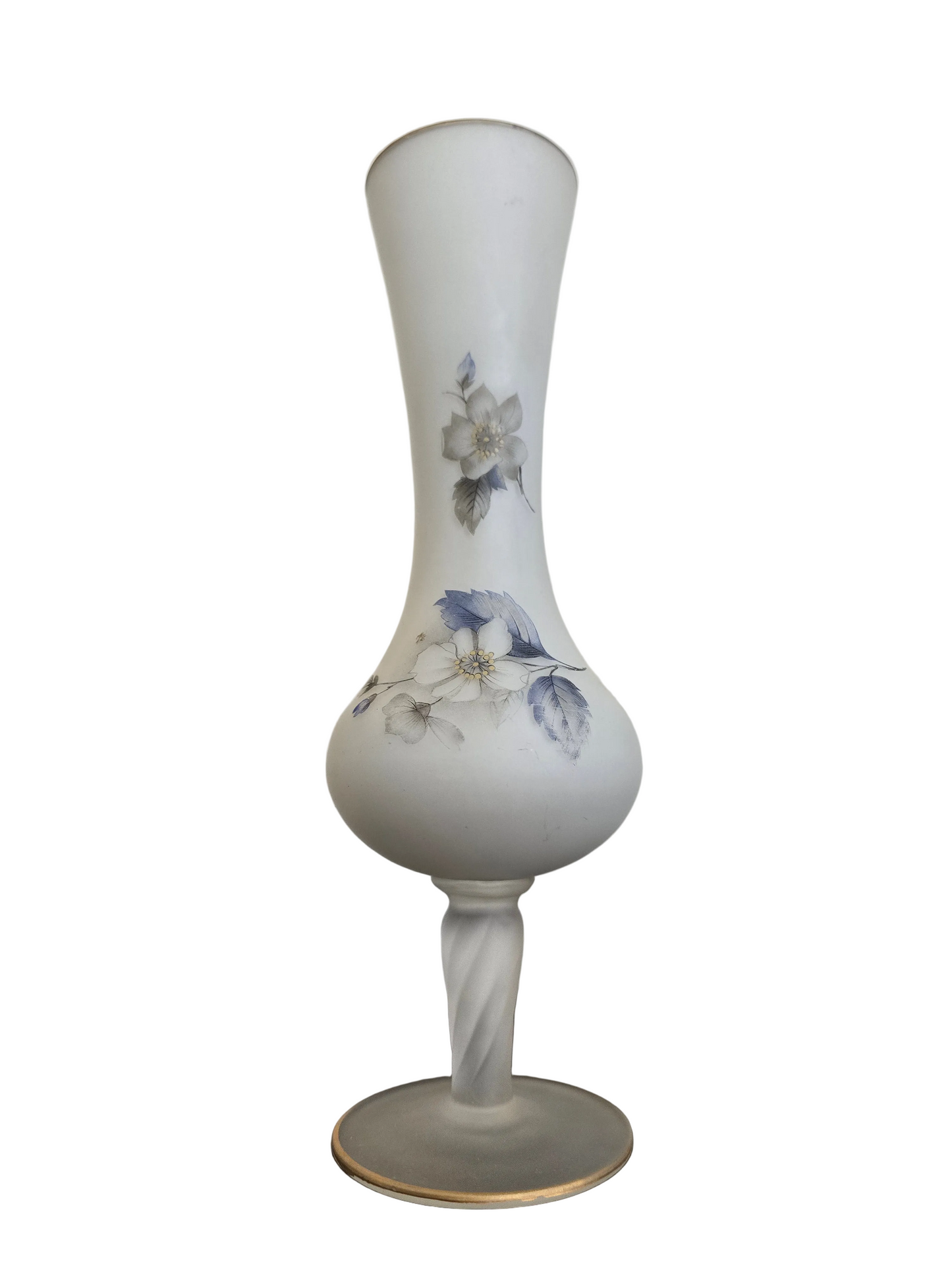 Soliflore ancien en verre dépoli décor floral bleu