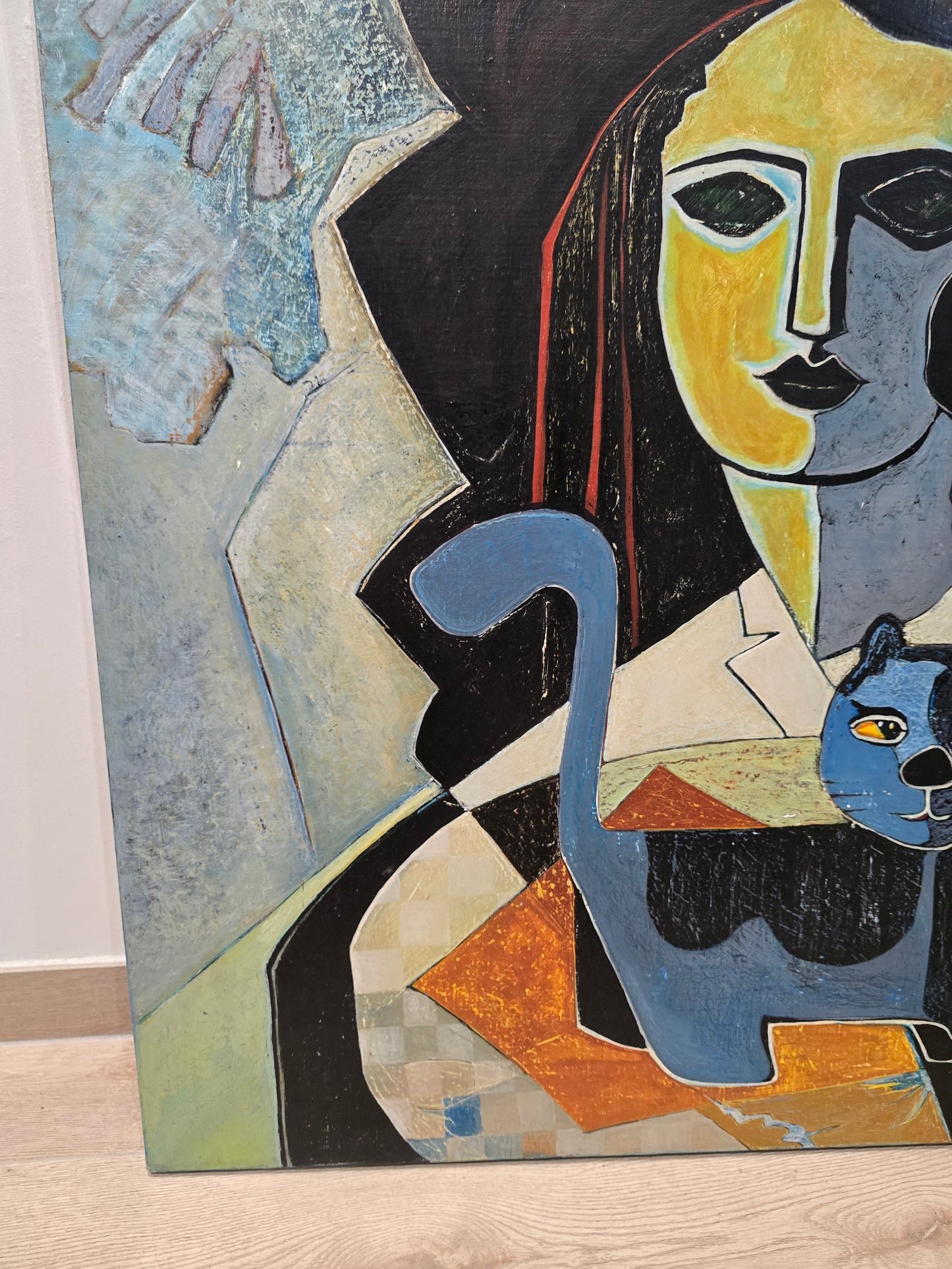 Tableau contemporain figuratif signé Oger – Femme au chat, composition moderniste, XXᵉ siècle